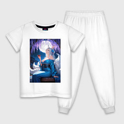 Пижама хлопковая детская Лисица в кимоно любуется цветением глицинии, цвет: белый