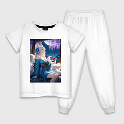 Пижама хлопковая детская Лисица в кимоно любуется цветением глицинии, цвет: белый