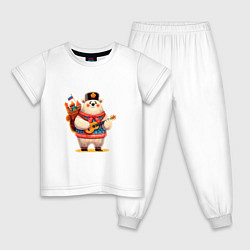 Пижама хлопковая детская Медведь в ушанке с гитарой, цвет: белый