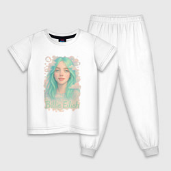 Пижама хлопковая детская Билли Айлиш с зелеными волосами, цвет: белый