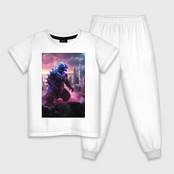 Пижама хлопковая детская Годзилла посреди мегаполиса, цвет: белый