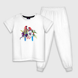 Пижама хлопковая детская Попугаи с цветами, цвет: белый