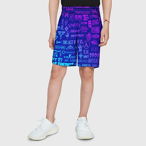 Детские шорты Неоновые геймерские лого / 3D-принт – фото 3