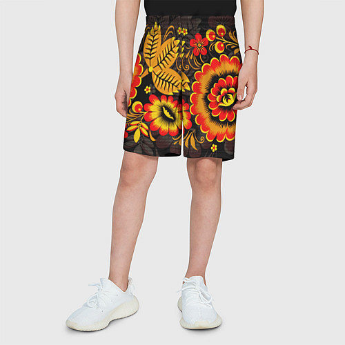 Детские шорты Хохломская Роспись Цветы На Тёмном Фоне / 3D-принт – фото 3