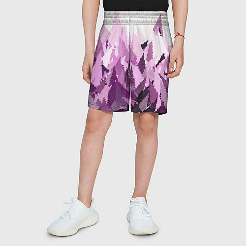 Детские шорты Мозаичный узор в розовых и сиреневых тонах на бело / 3D-принт – фото 3