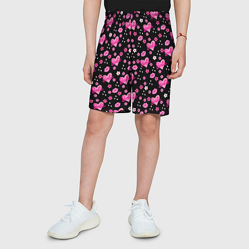 Детские шорты Черный фон, барби и цветы / 3D-принт – фото 3