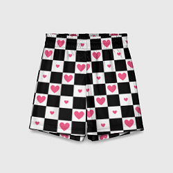 Шорты детские Розовые сердечки на фоне шахматной черно-белой дос, цвет: 3D-принт
