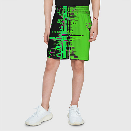 Детские шорты Кибер-глитч зелёный / 3D-принт – фото 3