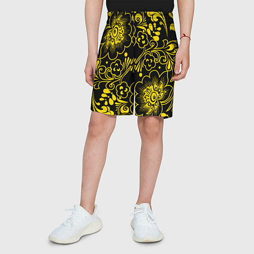 Детские шорты Хохломская роспись золотые цветы на чёроном фоне / 3D-принт – фото 3