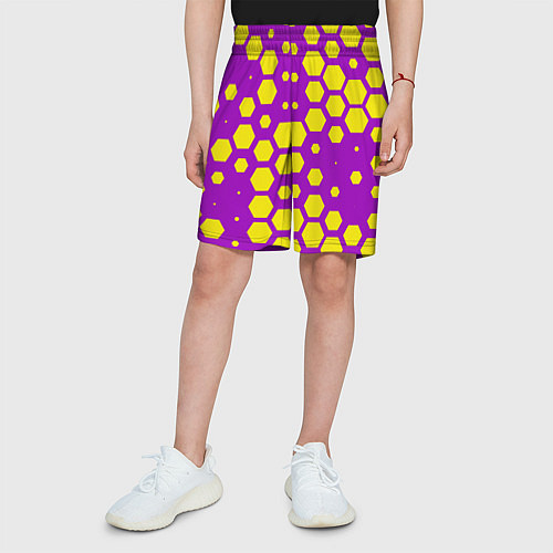 Детские шорты Желтые соты на фиолетовом фоне / 3D-принт – фото 3