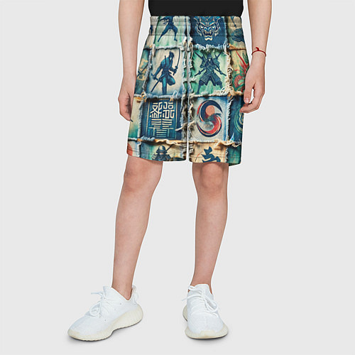 Детские шорты Самураи на пэчворк дениме / 3D-принт – фото 3