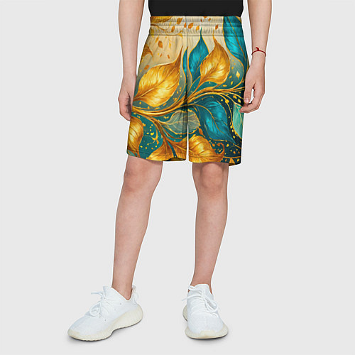 Детские шорты Листья абстрактные золото и бирюза / 3D-принт – фото 3