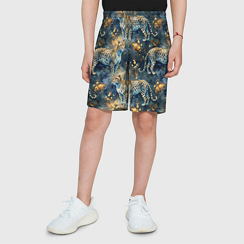 Детские шорты Леопард и золотые капли на синем фоне / 3D-принт – фото 3
