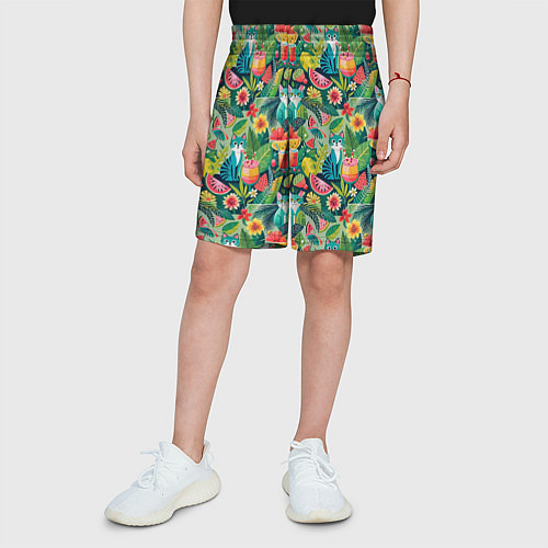 Детские шорты Летние тропические котики с арбузным коктейлем / 3D-принт – фото 3