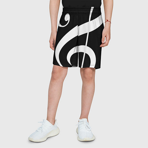 Детские шорты Скрипичный и басовый ключи - белые на чёрном / 3D-принт – фото 3