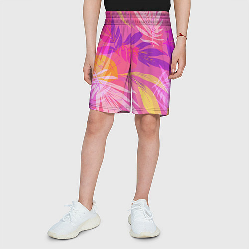 Детские шорты Летний фон с цветными листьями в акварельном стиле / 3D-принт – фото 3