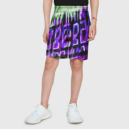 Детские шорты Фиолетово-зелёная абстракция на чёрном фоне / 3D-принт – фото 3