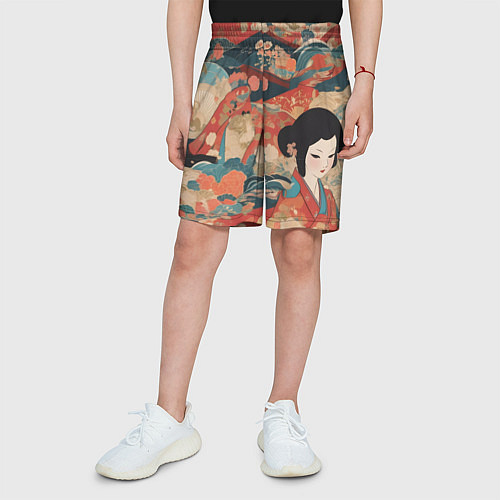 Детские шорты Японский орнамент с девушкой / 3D-принт – фото 3