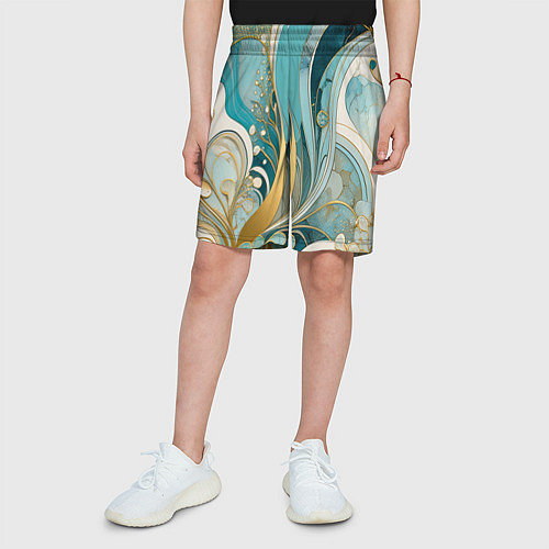 Детские шорты Бирюзовый с белым растительный узор в мягких тонах / 3D-принт – фото 3