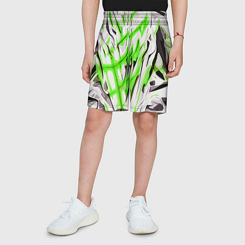 Детские шорты Чёрно-зелёная агрессивная абстракция на белом фоне / 3D-принт – фото 3