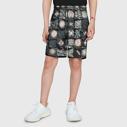 Детские шорты Африканские знаки на пэчворк дениме / 3D-принт – фото 3