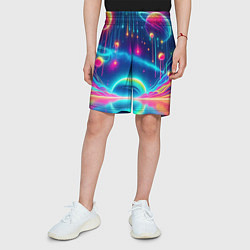 Шорты детские Неоновый космос - нейроарт фантазия, цвет: 3D-принт — фото 2