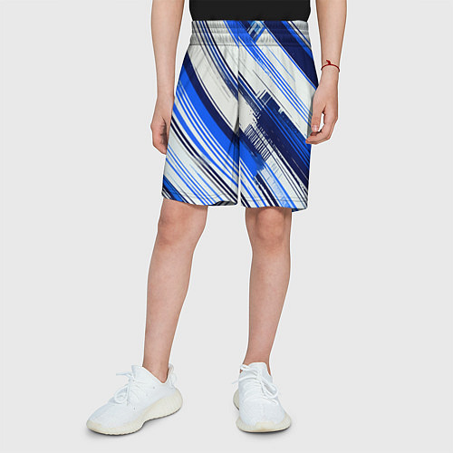 Детские шорты Синие диагональные полосы на белом фоне / 3D-принт – фото 3