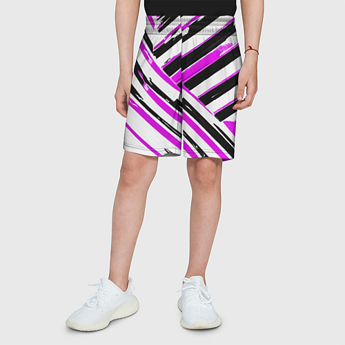 Детские шорты Розово-чёрные полосы на белом фоне / 3D-принт – фото 3