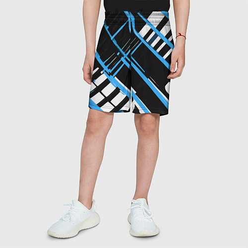 Детские шорты Сине-белые линии на чёрном фоне / 3D-принт – фото 3