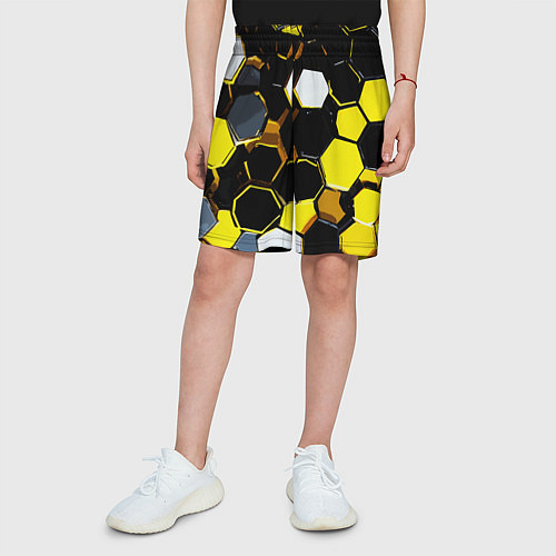 Детские шорты Жёлто-белые шестиугольники на чёрном фоне / 3D-принт – фото 3
