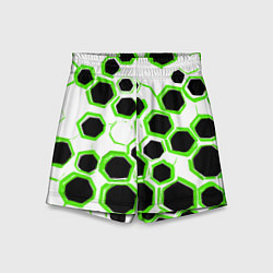 Шорты детские Чёрно-зелёные шестиугольники на белом фоне, цвет: 3D-принт