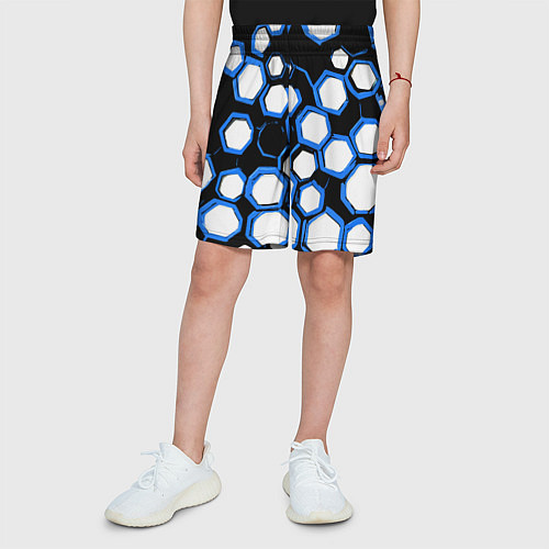 Детские шорты Бело-синие шестиугольники на чёрном фоне / 3D-принт – фото 3