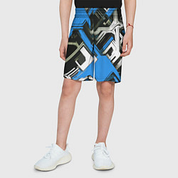 Шорты детские Сине-белый техно паттерн на чёрном фоне, цвет: 3D-принт — фото 2