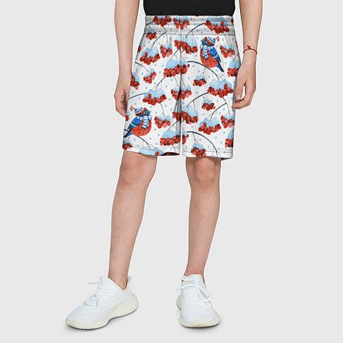 Детские шорты Снегири в шапочках на рябине / 3D-принт – фото 3