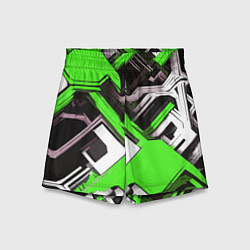 Шорты детские Бело-зелёный техно паттерн на чёрном фоне, цвет: 3D-принт