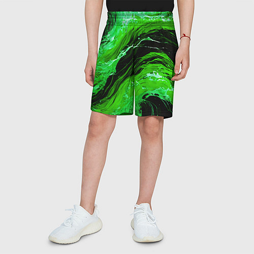 Детские шорты Зелёные брызги на чёрном фоне / 3D-принт – фото 3