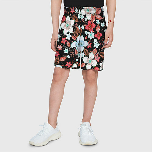 Детские шорты Красно-белые цветы на чёрном фоне / 3D-принт – фото 3