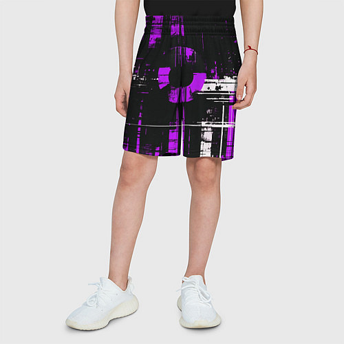Детские шорты Фиолетово-белый гранж на чёрном фоне / 3D-принт – фото 3