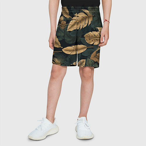 Детские шорты Золотые листья монстеры и перья / 3D-принт – фото 3