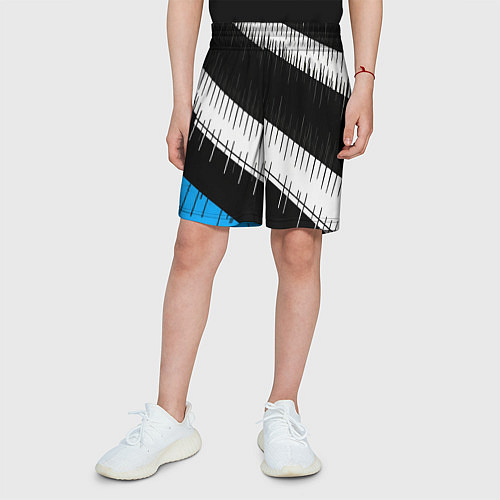 Детские шорты Диагональные чёрно-белые полосы на синем фоне / 3D-принт – фото 3