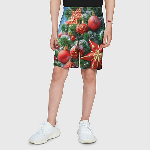 Детские шорты Красные шары и звезда новогодняя / 3D-принт – фото 3