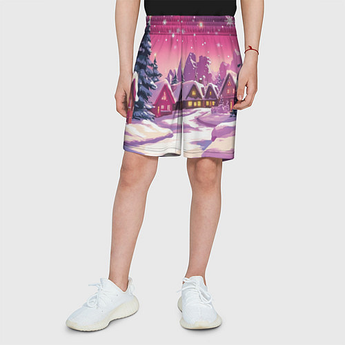 Детские шорты Новогодние домики и фиолетовый закат / 3D-принт – фото 3