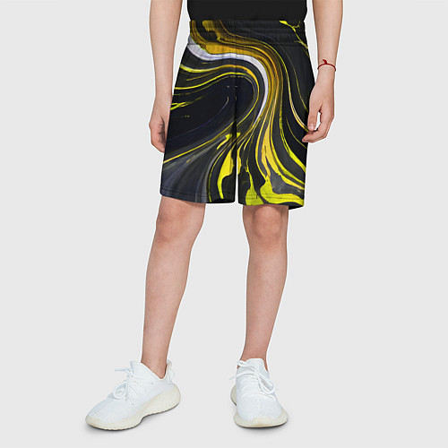 Детские шорты Волнистые бело-жёлтые линии на чёрном фоне / 3D-принт – фото 3