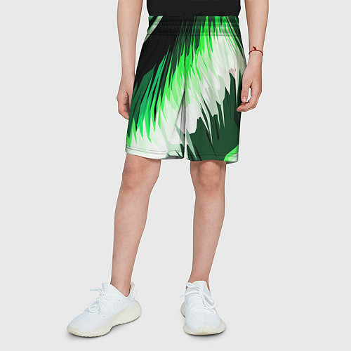 Детские шорты Зелёно-белая абстракция на чёрном фоне / 3D-принт – фото 3