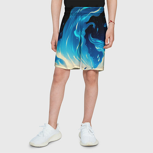 Детские шорты Бело-синее пламя из абстрактных красок / 3D-принт – фото 3