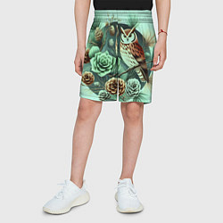 Шорты детские Мудрый филин на ветке с шишками, цвет: 3D-принт — фото 2