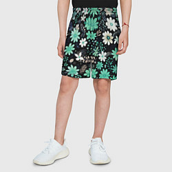 Шорты детские Чёрный в зелёный цветочек стилизованный, цвет: 3D-принт — фото 2
