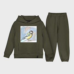 Детский костюм оверсайз Большая синица в стиле гуашь, цвет: хаки