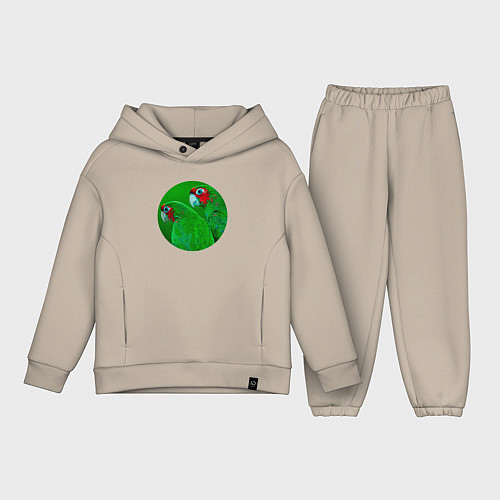 Детский костюм оверсайз Два зелёных попугая / Миндальный – фото 1