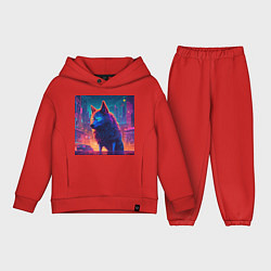 Детский костюм оверсайз Волк в неоновом киберпанк-городе, цвет: красный